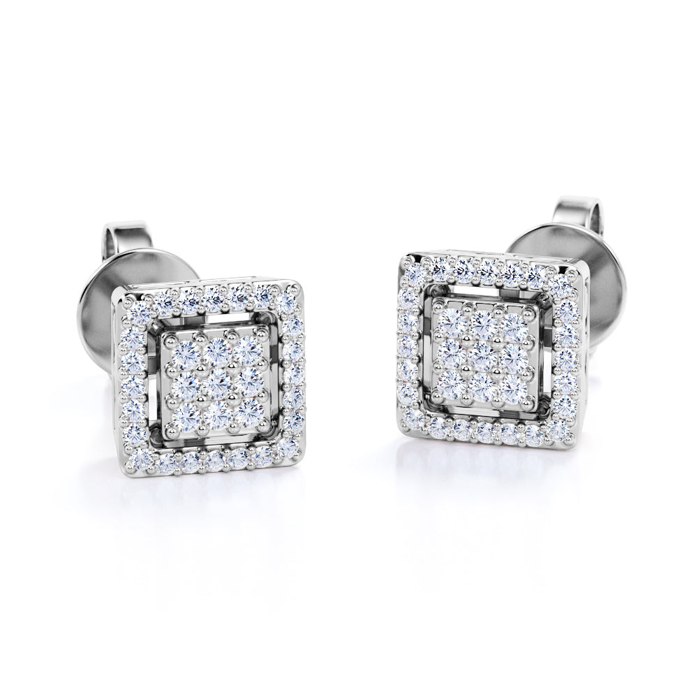 Timeless 0.30 Carat Round Cut Moissanite And Diamond Square Framed Stud Earrings In Rose Gold