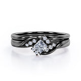 Petite Pave-Channel - 0.55 TCW Rhombus Princess Cut Moissanite - Prong Tensioned Wedding Ring Set -  Black Gold