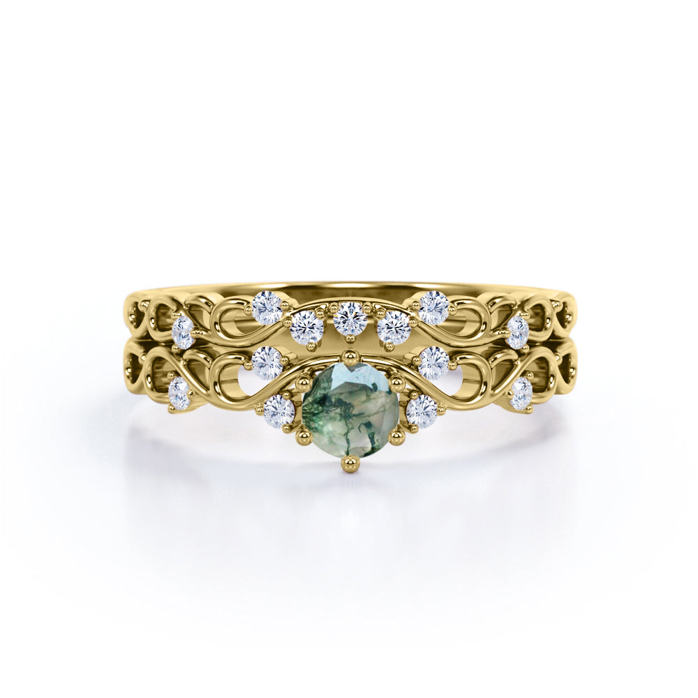 Dendritic 0.6 carat Round Moss Agate Crystal and Moissanite Swirly Wedding Ring Set in White Gold