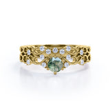 Dendritic 0.6 carat Round Moss Agate Crystal and Moissanite Swirly Wedding Ring Set in White Gold