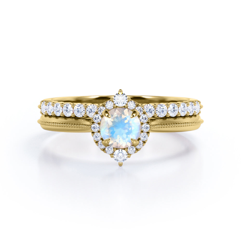 Antique Halo 0.8 carat Round Moonstone and Moissanite Vintage Bridal Set in White Gold