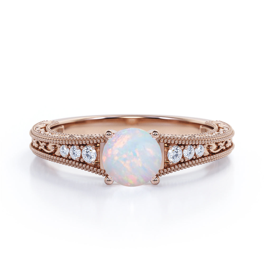 Vintage 1.25 Ct Round Cut Lab Created Opal Engagement Ring