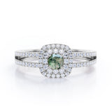 Double Halo 1.55 Carat Round Cut Green Moss Agate And Diamond Split Shank Engagement Ring In White Gold