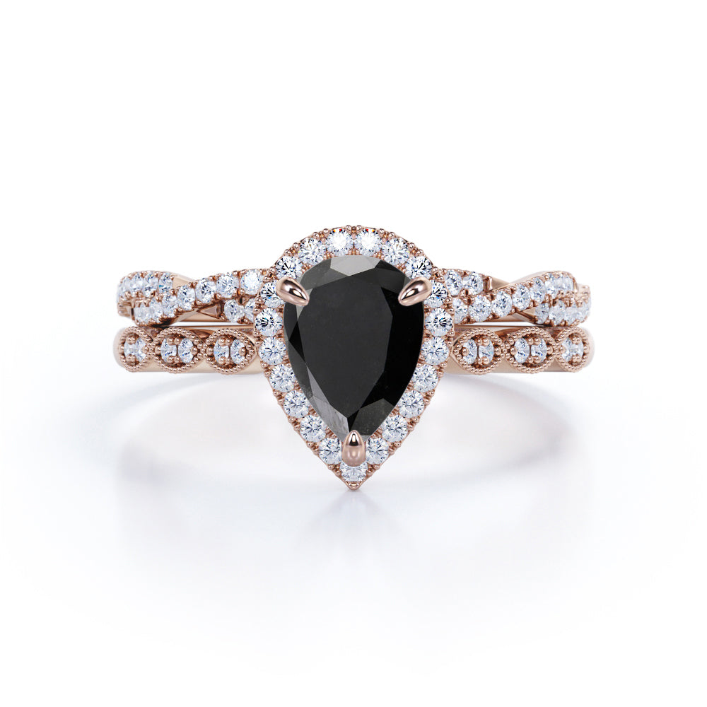 1.25 ct Pear Lab Black Diamond Art Deco Wedding Ring Set