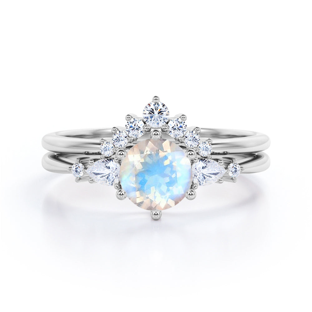 Diverse Five Stones 0.6 carat Round Moonstone and Moissanite Bridal Ring Set in Rose Gold