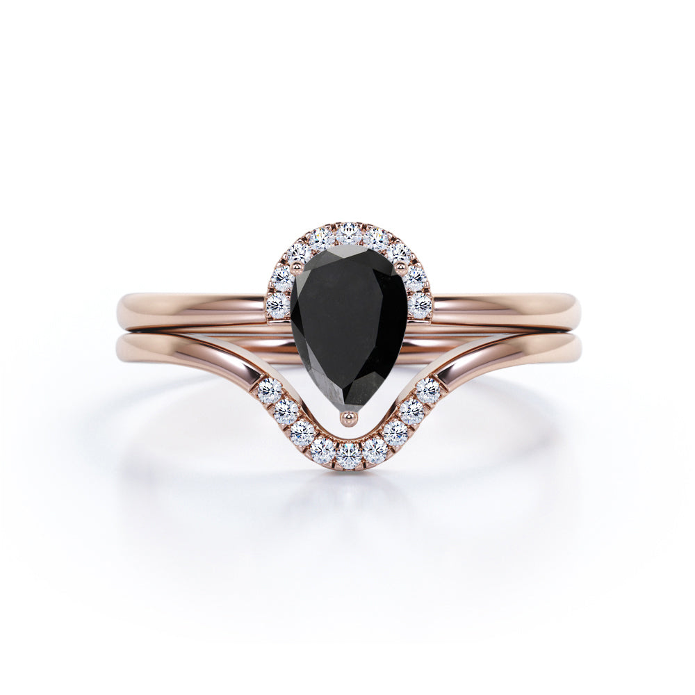 Unique 1.25 Carat Teardrop Shape Lab Black Diamond Bridal Set with contour band in White Gold