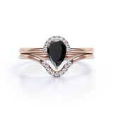 Unique 1.25 Carat Teardrop Shape Lab Black Diamond Bridal Set with contour band in White Gold