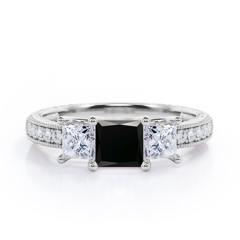 Past, Present and Future 1.25 Carat Princess Cut lab created Black Diamond Vintage Milgrain Engagement Ring In White Gold