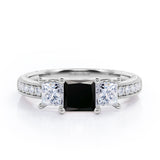 Past, Present and Future 1.25 Carat Princess Cut lab created Black Diamond Vintage Milgrain Engagement Ring In White Gold