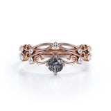 Dainty Filigree 0.65 Carat Round Cut Druzy Black Rutilated Quartz and Diamond Contour Solitaire Wedding Set Rings
