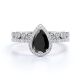 Beautiful 1.75 Carat Pear cut Lab Black Diamond Halo Wedding Ring Set in White Gold