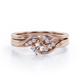 Petite Pave-Channel - 0.55 TCW Rhombus Princess Cut Morganite and Moissanite - Prong Tensioned Wedding Ring Set -  Rose Gold