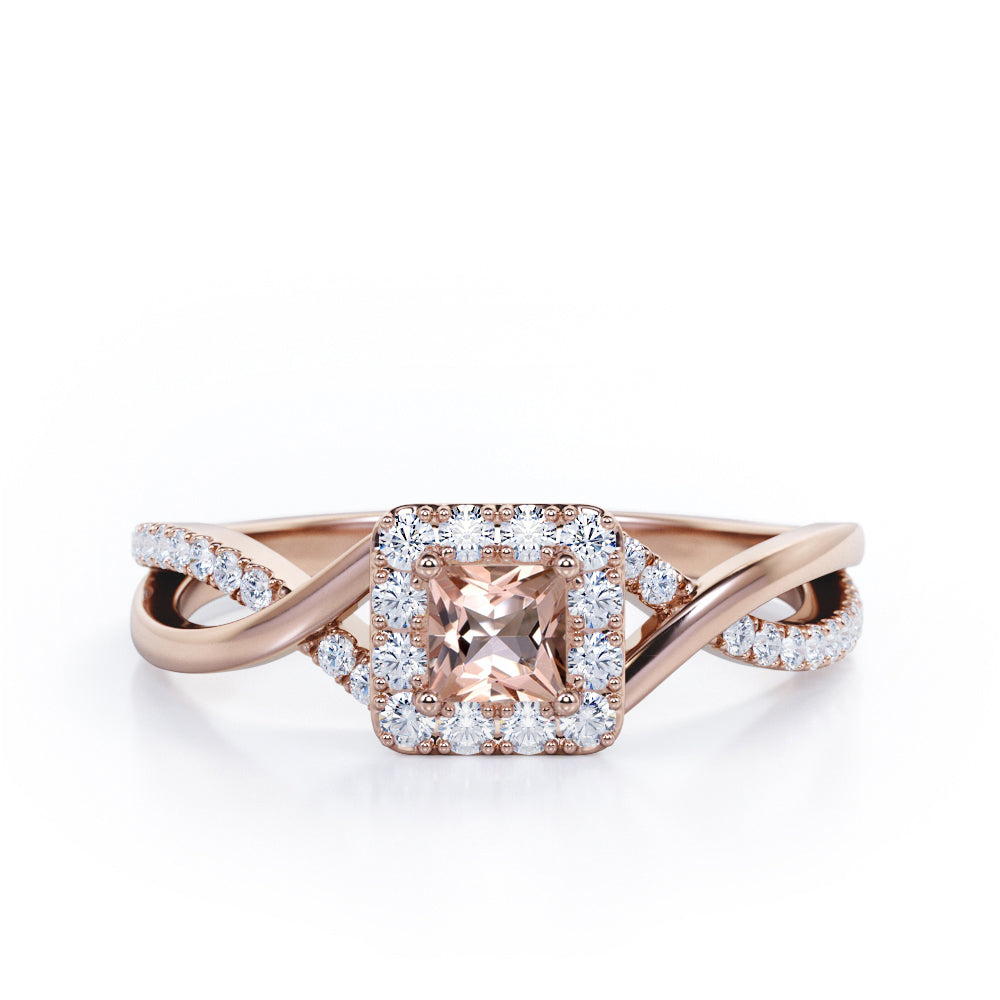 1.25 Carat Princess Cut Morganite and diamond - Half Crossover Pave - Halo Engagement Ring in White Gold