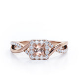 1.25 Carat Princess Cut Morganite and diamond - Half Crossover Pave - Halo Engagement Ring in White Gold
