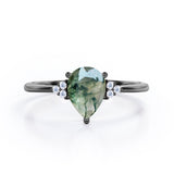Seven Stone 0.5 carat Pear Moss Green Agate and Diamond Dainty Band Engagement Ring in White Gold