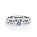 1.15 Carat Princess Cut Aquamarine And Diamond Channel Wedding Ring Set In White Gold