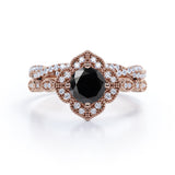 2 ct Round Lab Black Diamond Art Deco Wedding Ring Set