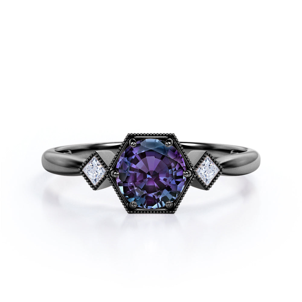 Hexagon Beaded Halo 1.15 Carat Round Cut Lab Created Alexandrite And Diamond Three Stone Engagement Ring In White Gold