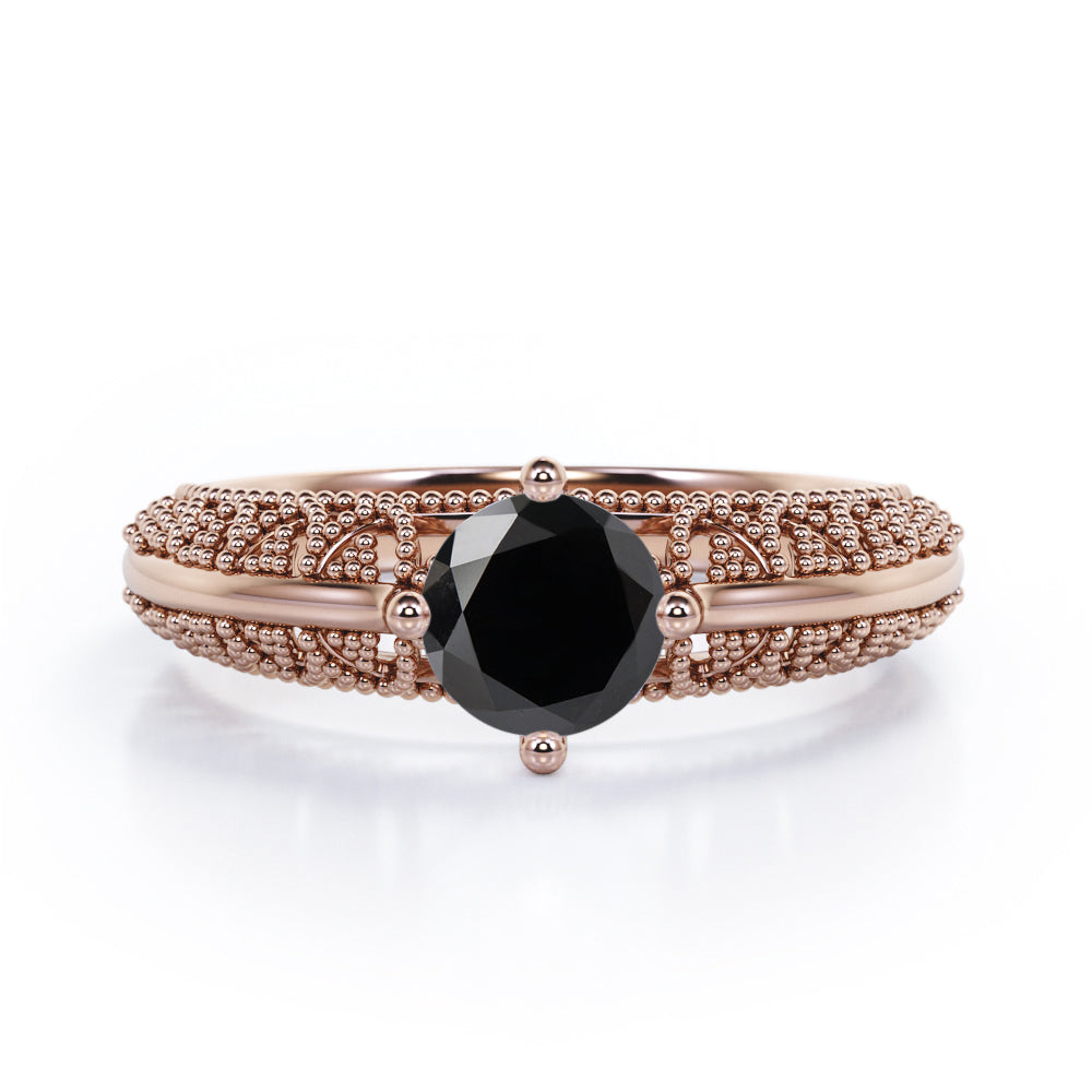 Beaded Four Prong 1 Carat Round Cut Black Diamond Solitaire Vintage Engagement Ring In White Gold