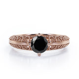 Beaded Four Prong 1 Carat Round Cut Black Diamond Solitaire Vintage Engagement Ring In White Gold