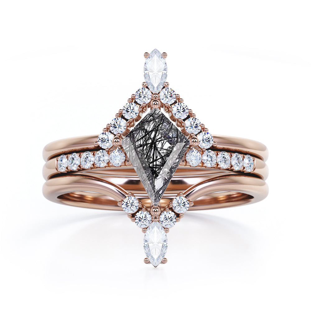 Chevron Pave Set 1.50 Carat Kite Shaped Genuine Black Rutilated Quartz And Diamond V Shaped Trio Wedding Set In Black Gold
