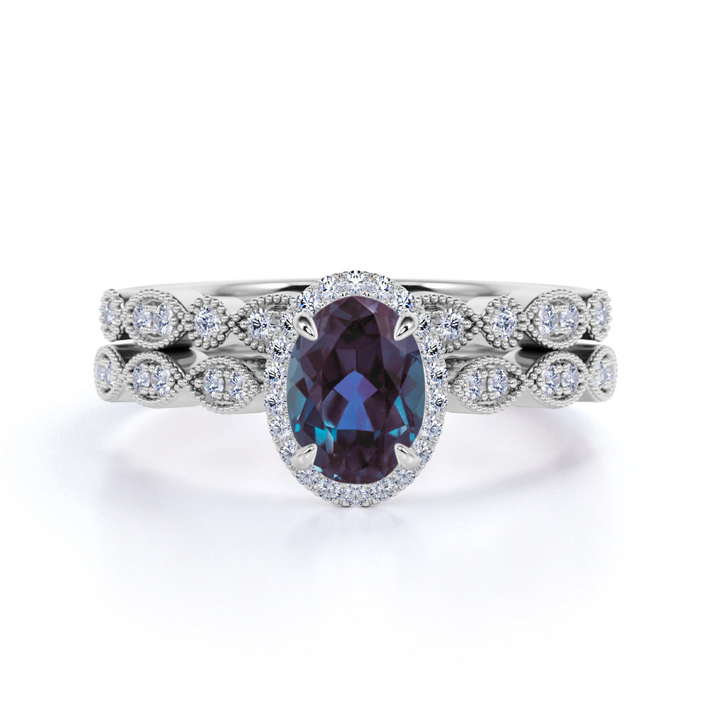 Vintage Hidden Halo 1.75 Carat Oval Cut Lab Alexandrite and Diamond Art Deco Bridal Set Rings