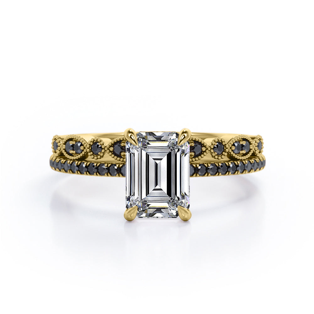 Milgrain Filigree - 1.55 TCW Emerald Cut Moissanite with Lab Created Black Diamond - Pave Accented Bridal Ring Set  in White Gold