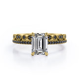 Milgrain Filigree - 1.55 TCW Emerald Cut Moissanite with Lab Created Black Diamond - Pave Accented Bridal Ring Set  in White Gold