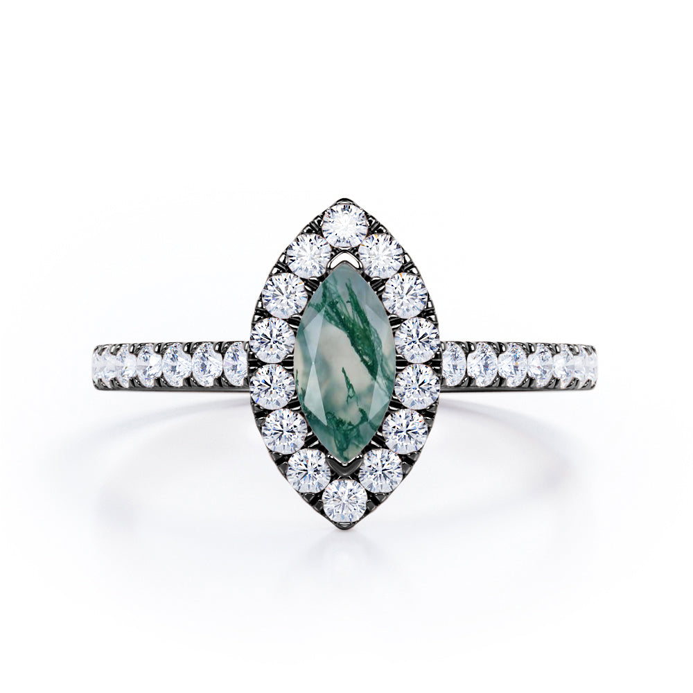 Classic Marquise 1 carat Marquise Moss Green Agate and Diamonds Engagement Ring in White Gold