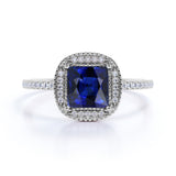 Floral Design 1.25 Carat Cushion Cut Sapphire and Diamond Halo Engagement Ring in White Gold