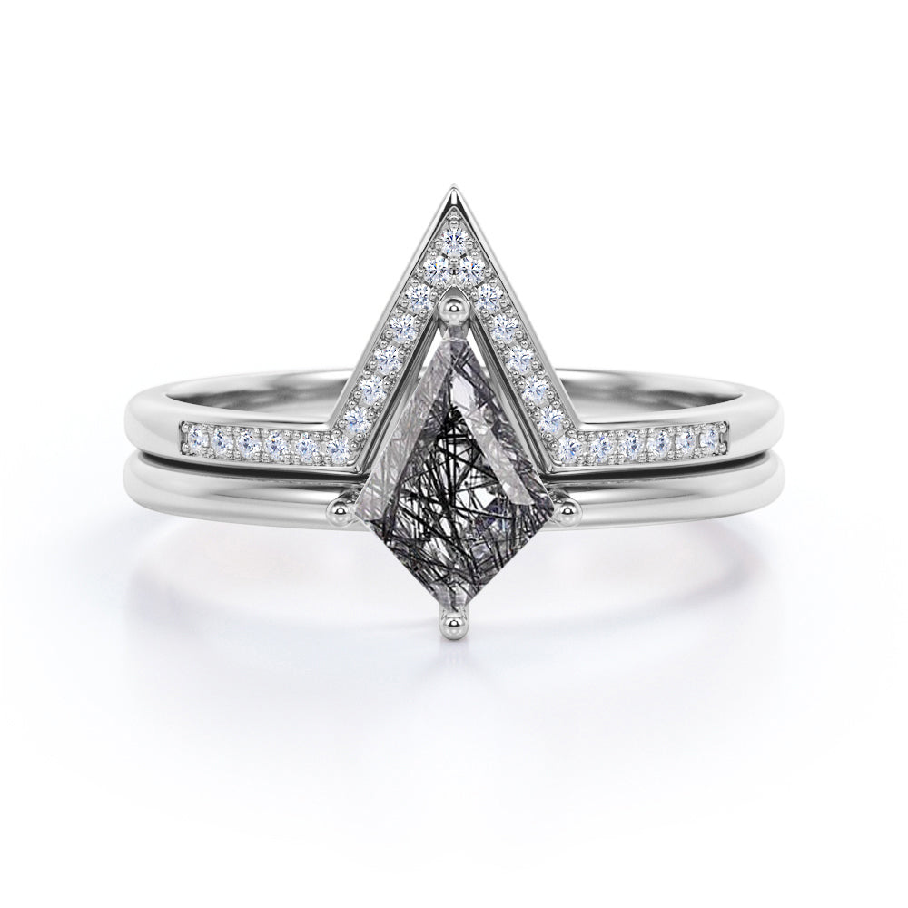 Chevron 1.25 Carat  Kite Shaped Genuine Black Rutilated Quartz Solitaire Channel Set V Shaped Wedding Ring Set In Rose Gold.