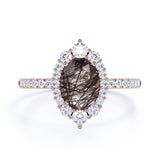 1.50 ct Oval Black Rutilated Quartz Halo Pave Engagement Ring