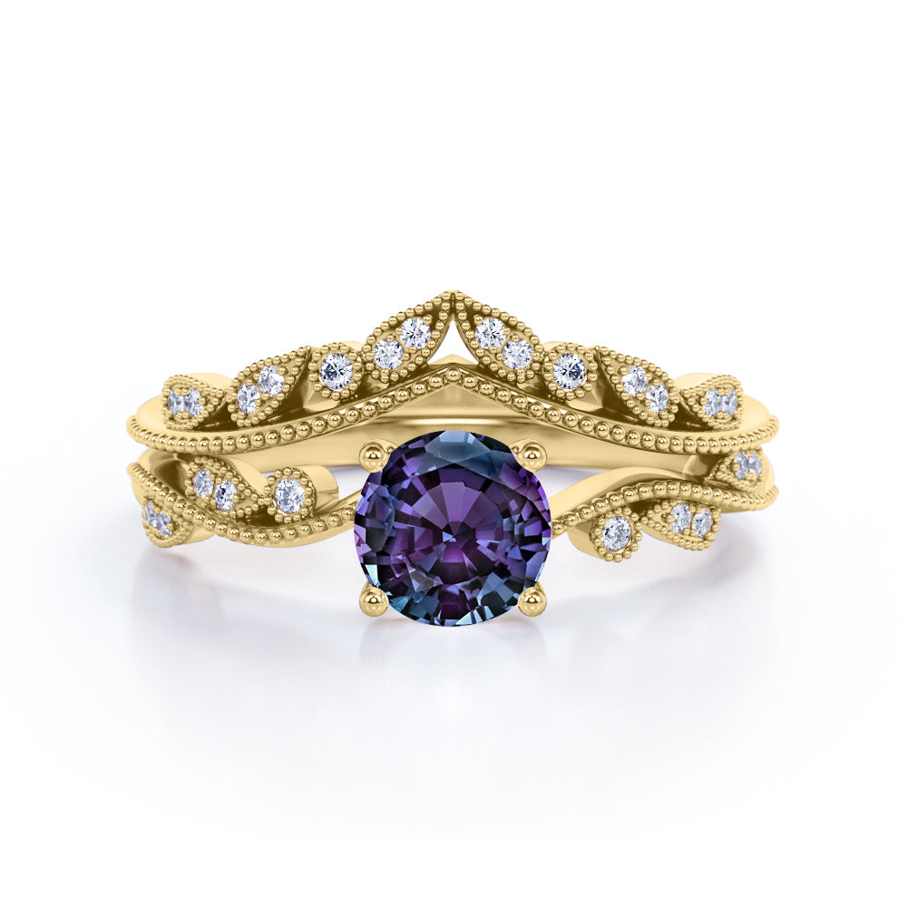 Vintage 1.50 Ct Round Lab Alexandrite Bridal Set