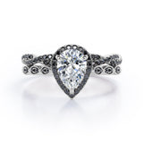Eternity Crossover 1.75 TCW Pear Shaped Moissanite with Lab Created Black Diamond Halo-Vintage Style Wedding Ring Set in White Gold