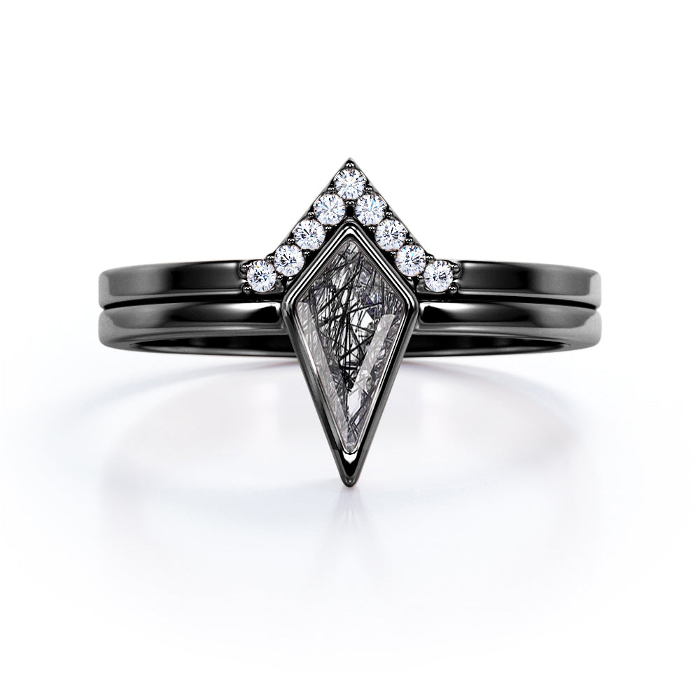 Crown Style Bezel Set 1.10 Carat Kite Shaped Natural Black Rutilated Quartz And Diamond V Shaped Bridal Set In White Gold
