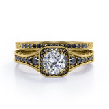 Filigree Pave Channel 1.6 TCW Round Moissanite with Lab Created Black Diamond Double Prong Cluster Wedding Set in Black Gold