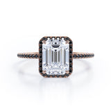 Halo-Style 1.5 TCW Emerald Cut Moissanite with Lab Created Black Diamond Engagement Ring with Pave Accents in Rose Gold