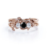 1.25 carat round cut  Black Diamond leaf style bridal set ring in white gold