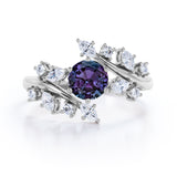 Modern Art Deco 0.85 Carat Round Cut Lab Created Alexandrite Nature Inspired Floral Engagement Ring