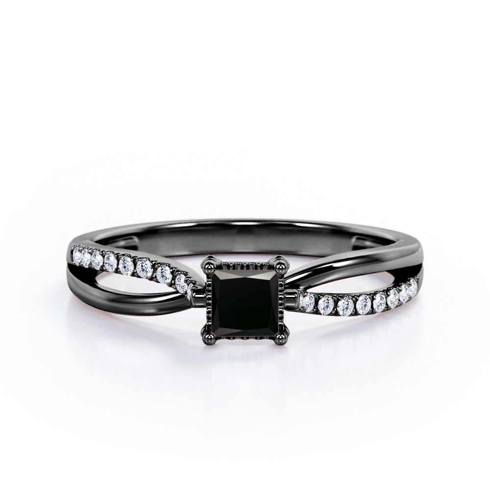 Twisted and Split Pinched Shank 0.65 carat Princess Black Diamonds Elegant Engagement Ring in White Gold