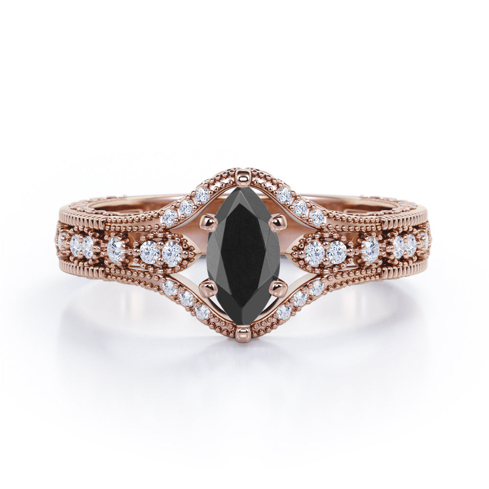 Unique Six Prongs 1.25 Carat Marquise Cut Black Diamond Vintage Filigree Engagement Ring In White Gold