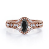 Unique Six Prongs 1.25 Carat Marquise Cut Black Diamond Vintage Filigree Engagement Ring In White Gold