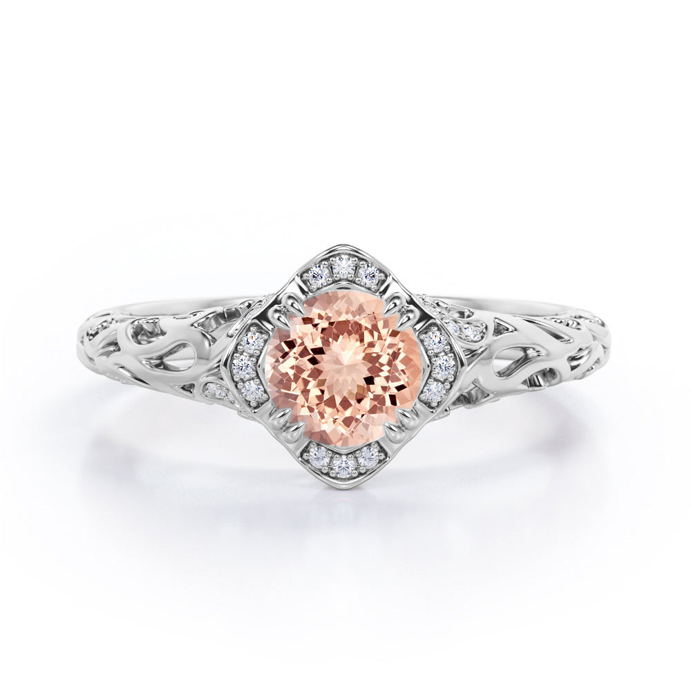 Modern Art Deco 1.10 Carat Round Cut Morganite And Diamond Cushion Framed Halo Engagement Ring In Rose Gold