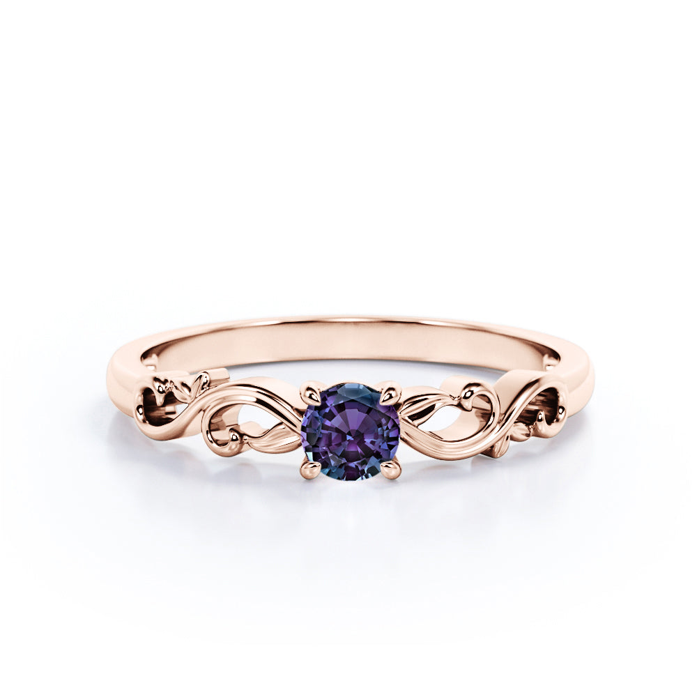 Sharp Four Claws 1 Carat Round Cut Lab Created Alexandrite Floral Art Deco Engagement Ring In White Gold