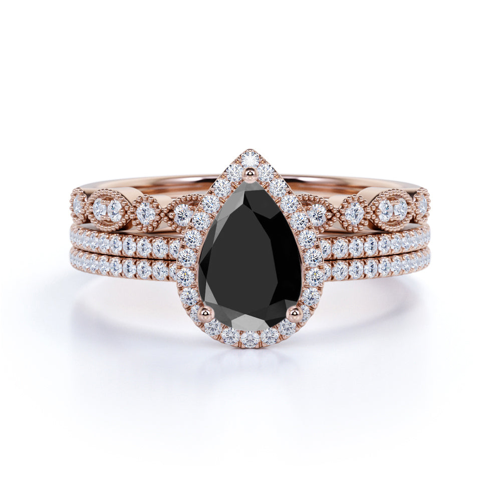 2 ct Pear Lab Black Diamond Antique Trio Wedding Ring Set