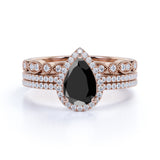 2 ct Pear Lab Black Diamond Antique Trio Wedding Ring Set