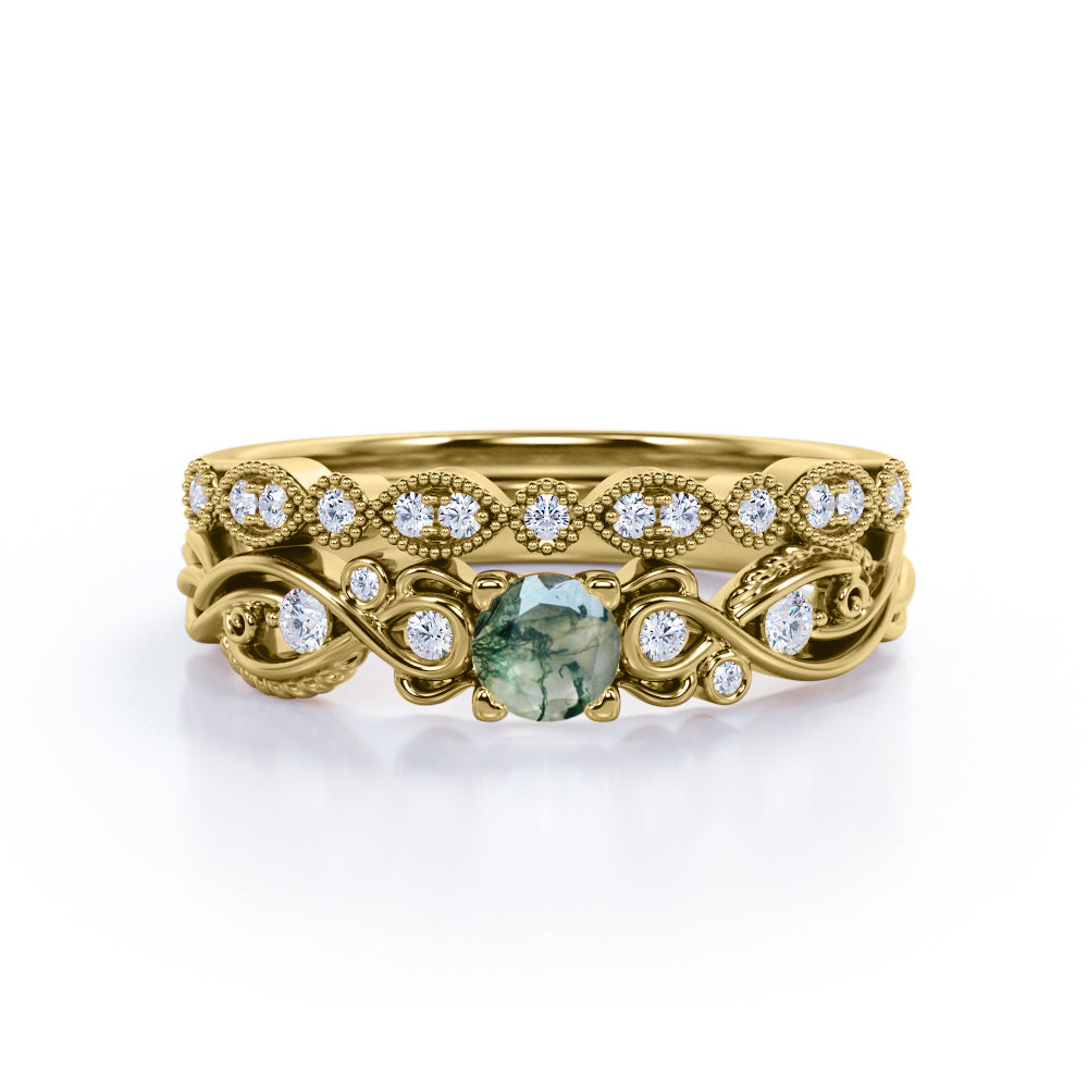 Antique Solitaire 1.25 Carat Round Cut Milky White Druzy Moss Green Agate with Diamond Marquise Dot Art Deco Band Wedding Ring Sets