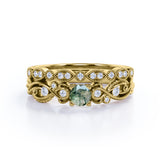 Antique Solitaire 1.25 Carat Round Cut Milky White Druzy Moss Green Agate with Diamond Marquise Dot Art Deco Band Wedding Ring Sets