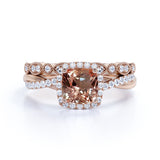 1.5 Carat Cushion Cut Peach Morganite and Diamond Wedding Ring Set in 10k Rose Gold Celebrity Ring