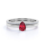 Classic Minimalist Prong Set 1.25 Carat Pear Cut Lab Ruby and Diamond Micro Pave Wedding Ring Set in White Gold
